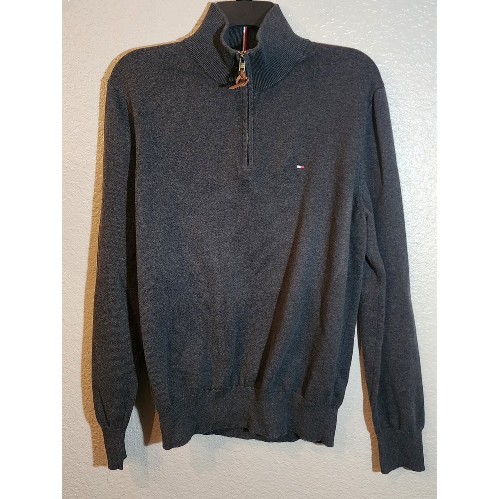 Tommy Hilfiger Men's Pullover Sweater Size Large Gray 1/4 Zip‎ Long Sleeve Logo